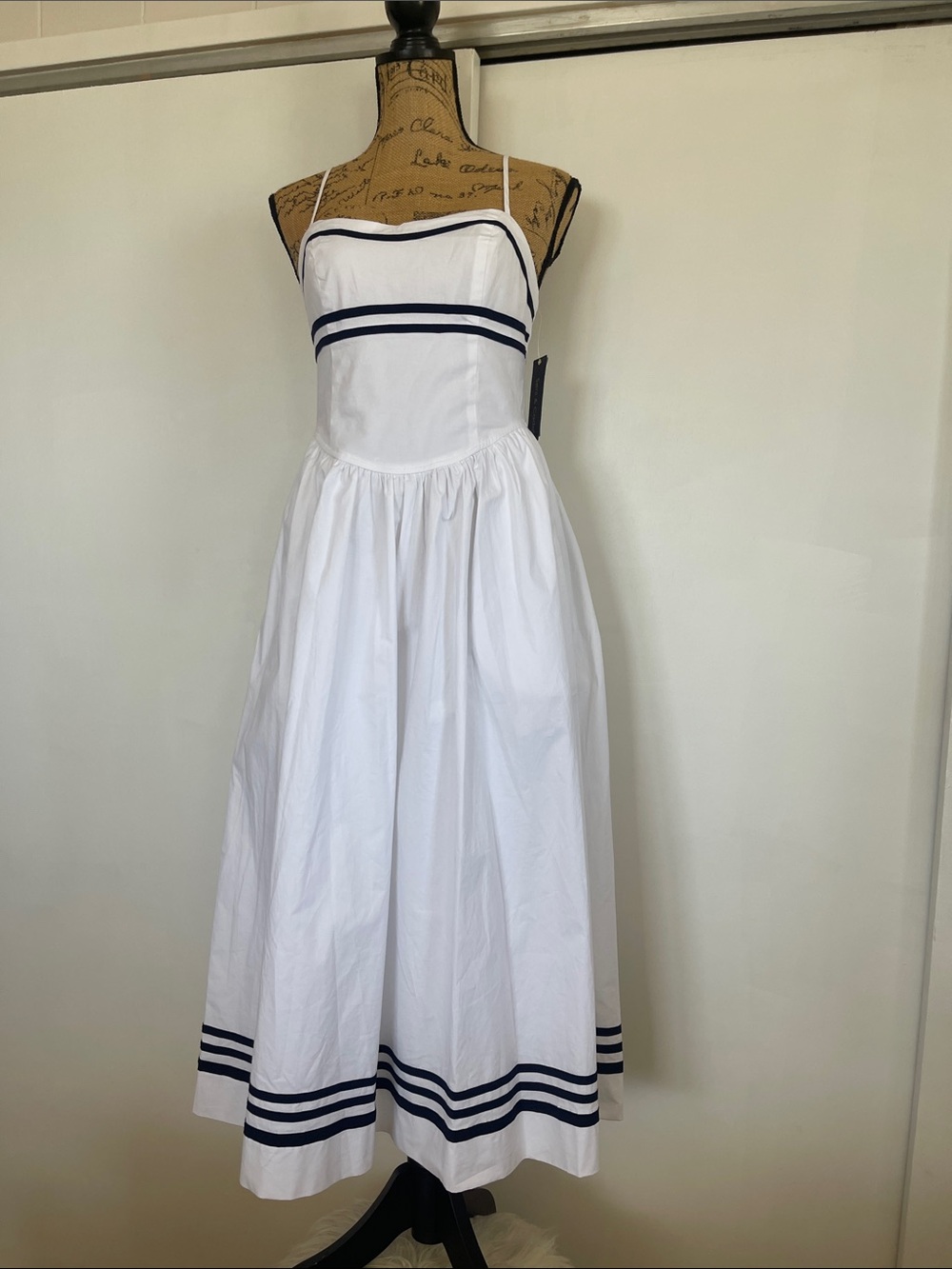 White Sleeveless Midi Dress with Navy Stripe Trim